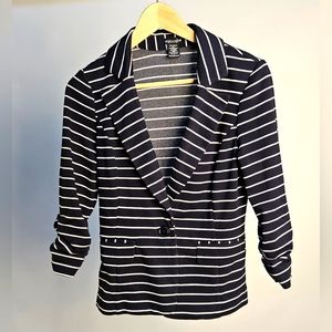 Stoosh Striped Lightweight Blazer with Rouched Sleeves Navy & White Size Small